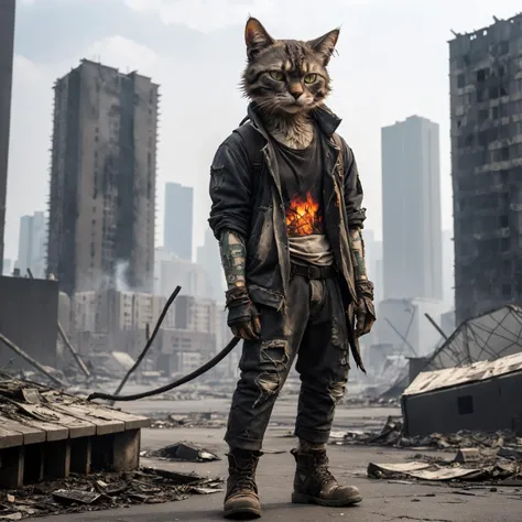post apocalyptic cat wearing post apocalyptic clothing destroyed city, skyscrapers, fire, one piece style anime, undefined