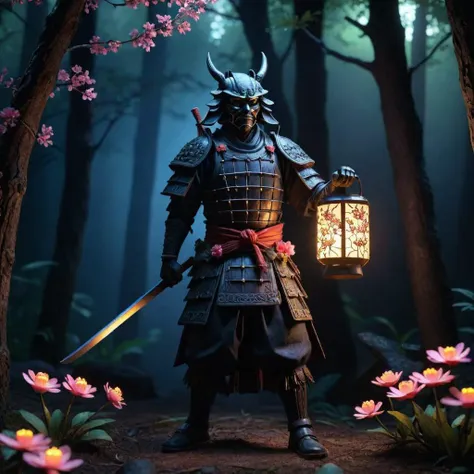 Yūrei, (japanese haunted forest dark fireflies lantern, vibrant neon translucent glow background), (single solo one full body standing), (porcelain samurai holding katana sword), (hand carved intricate detail carving skillful artisan wooden flower armor made of flowers), (4k, 8k, cinematic, spotlight lighting, extreme detail, ultra quality, HD, high definition, HDR, high dynamic range, octane render, Masterpiece, best quality, colorful, 8k wallpaper, Volumetric Lighting, best shadows, crisp clear ultra definition, hyper realistic realism)