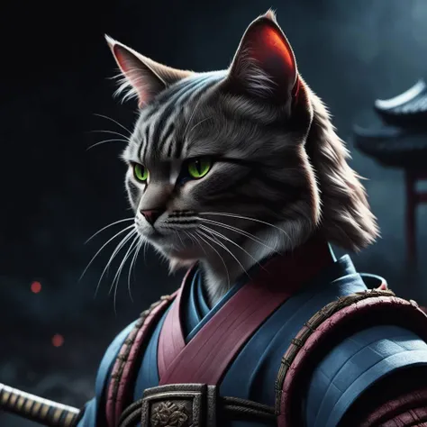 (closeup photo cinematic),a samurai cat, battlefield, 2D, colorful, dark atmosphere