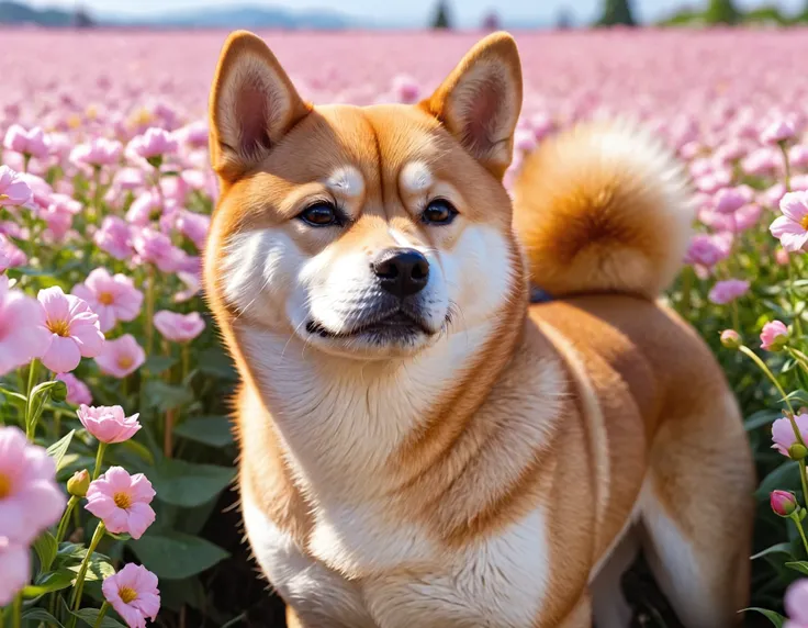 Beautiful shiba inu dog inside a flower field , detailed, realistic, 8k uhd, high quality