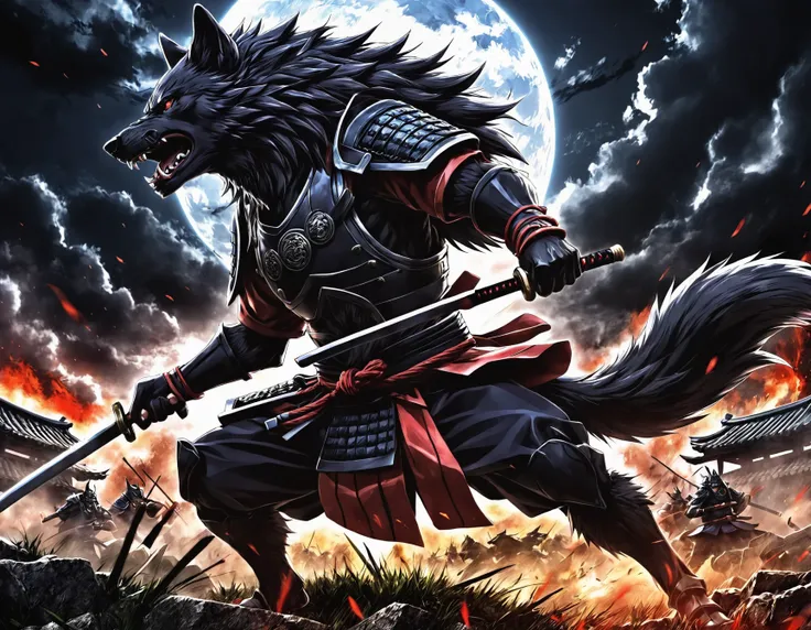 anime artwork anime artwork ((dark anime art:1.1)), a wrathful samurai wolf is storming the battlefield . anime style, key visual, vibrant, studio anime, highly detailed . anime style, key visual, vibrant, studio anime, highly detailed
