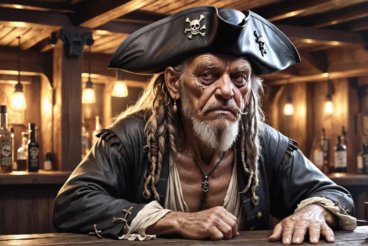 Closeup oil picture drawing of a sad old pirate alone in a bar in Tortuga bay