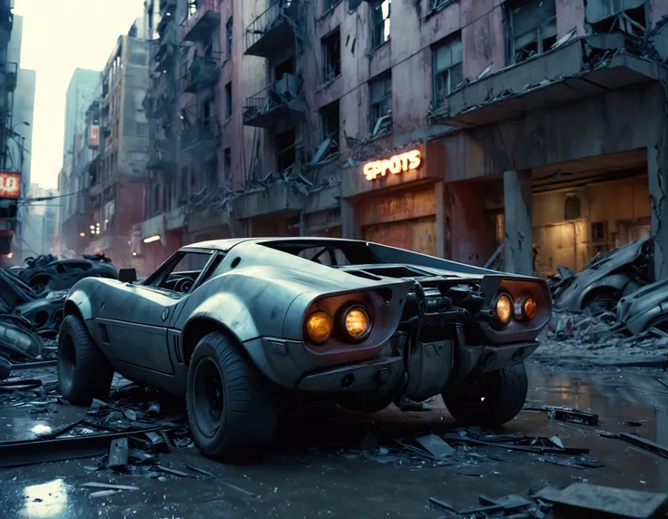 cinematic film still an futuristic cyberpunk, dieselpunk sports car in a destroyed city after an nuclear blast . shallow depth of field, vignette, highly detailed, high budget, bokeh, cinemascope, moody, epic, gorgeous, film grain, grainy, high quality photography, 3 point lighting, flash with softbox, 4k, Canon EOS R3, hdr, smooth, sharp focus, high resolution, award winning photo, 80mm, f2.8, bokeh