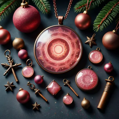 <lora:ChristmasPostcardStyleXL:0.5>ChristmasDecorativeStyle luminous prismatic rhodochrosite, vitreous, copper, solidity, oil treatment, precious, custom, mid-century, talisman and amulets