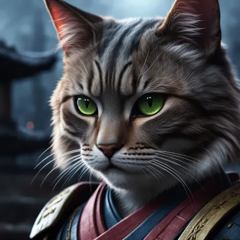 (closeup photo cinematic),a samurai cat, battlefield,  2D, colorful, dark atmosphere