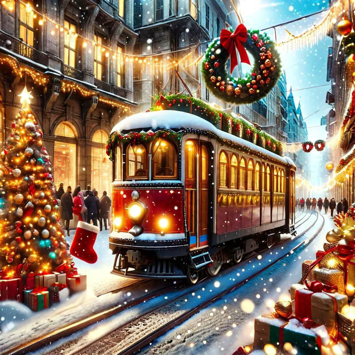 <lora:Christmas_Postcard_Style_XL-000005:0.75>ChristmasDecorativeStyle underground tram, in Istiklal caddesi Taksim, istanbul, tinted windows, mud flaps, vibroblade, curved, smooth surface,