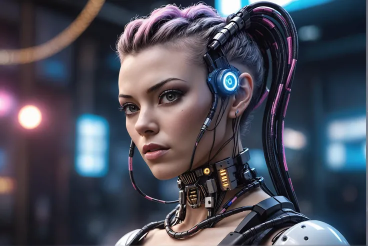 cinematic photo detailed closeup portraid of a Beautiful cyberpunk woman, robotic parts, cables, lights, text; "fenrisxl", high quality photography, 3 point lighting, flash with softbox, 4k, Canon EOS R3, hdr, smooth, sharp focus, high resolution, award winning photo, 80mm, f2.8, bokeh . 35mm photograph, film, bokeh, professional, 4k, highly detailed, high quality photography, 3 point lighting, flash with softbox, 4k, Canon EOS R3, hdr, smooth, sharp focus, high resolution, award winning photo, 80mm, f2.8, bokeh