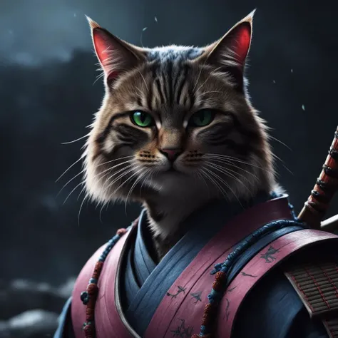 (closeup photo cinematic),a samurai cat, battlefield, 2D, colorful, dark atmosphere