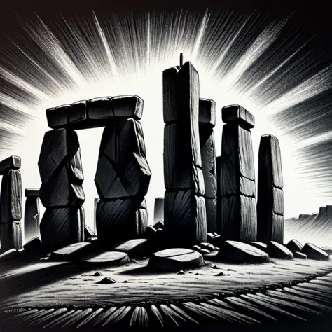 monochrome greyscale noise grainy dirty charcoal drawing of <lora:CharcoalDarkStyleXL:1>CharcoalDarkStyle Stonehenge dark black background black vignette