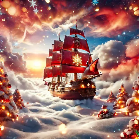 <lora:ChristmasWinteryXL:0.5>ChristmasWintery a ship sailing on clouds towards a sunset