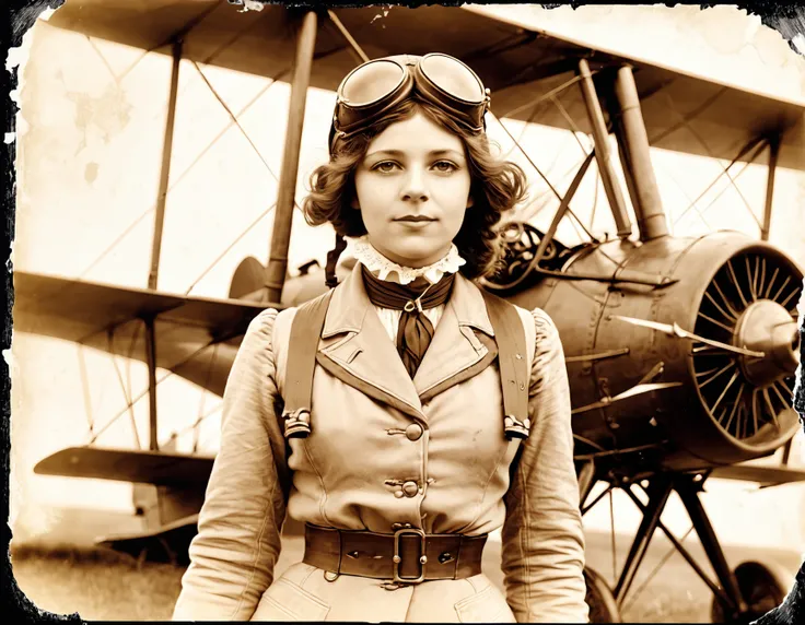 1914 photo of a female biplane pilot, 1900 pilot outfit, in a sepia style , ((old photo style)) , (( made with an bellows camera)), the borders of the photo a damaged (old photo)