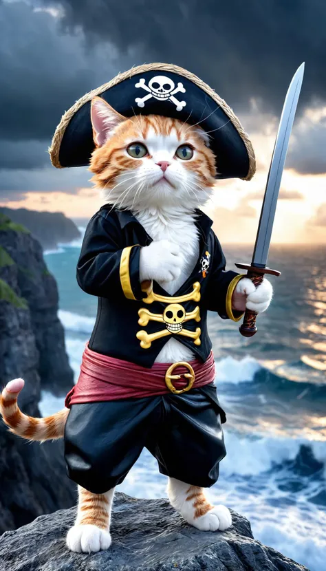 a cute cat pirat one piece outfit wearing a staw hat he is raising his saber and is standing on a cliff and is looking down on an stormy ocean a new dawn is rising on the horizont, high quality photography, 3 point lighting, flash with softbox, 4k, Canon EOS R3, hdr, smooth, sharp focus, high resolution, award winning photo, 80mm, f2.8, bokeh
