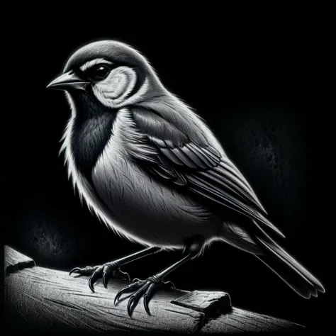 monochrome greyscale noise grainy dirty charcoal drawing of <lora:CharcoalDarkStyleXL:1>CharcoalDarkStyle bird dark black background black vignette