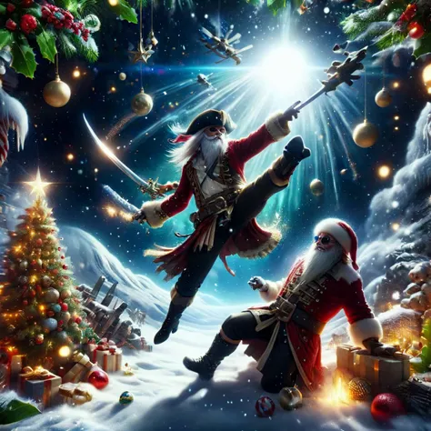 <lora:ChristmasPostcardStyleXL:1>ChristmasDecorativeStyle pirates getting into a sword fight amidst a zero gravity environment