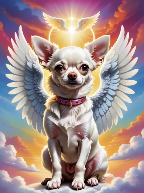 best quality, masterpiece, a white chihuahua with angel wings and a round halo on its head, fluffy fur, wings spread, vibrant colors, stylized, clouds background