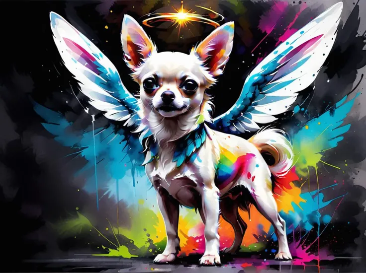 best quality, masterpiece, a white chihuahua with angel wings and a round halo on its head, wings spread, vibrant colors, stylized, Colorsplash, splashes of colors, bright color background <lora:SDXLPaintSplash:1>