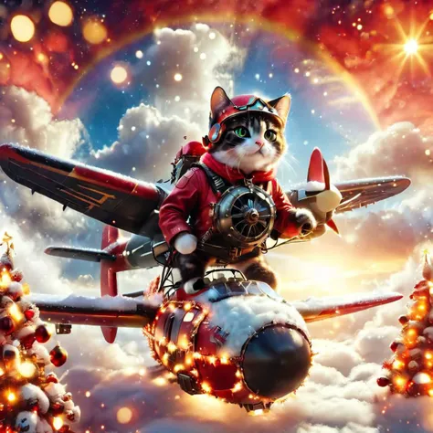 <lora:ChristmasWinteryXL:0.5>Christmas winter, a pilot cat in a helmet at the helm of a propeller plane flying through the clouds towards sunset, glow