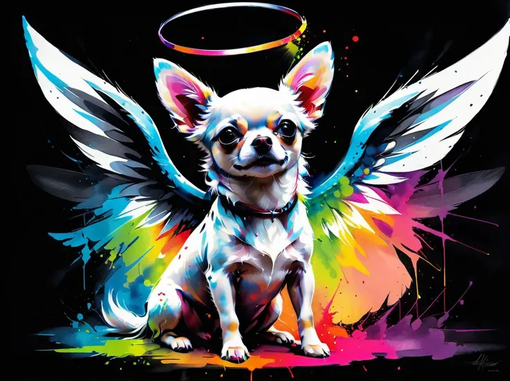 best quality, masterpiece, a white chihuahua with angel wings and a round halo on its head, wings spread, vibrant colors, stylized, Colorsplash <lora:SDXLPaintSplash:1>