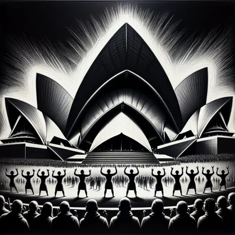 monochrome greyscale noise grainy dirty charcoal drawing of <lora:CharcoalDarkStyleXL:1>CharcoalDarkStyle aboriginal artists performing in front of the sydney opera house dark black background black vignette