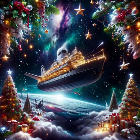 <lora:ChristmasPostcardStyleXL:1>ChristmasDecorativeStyle a ship passing through a cluster of stars in deep space