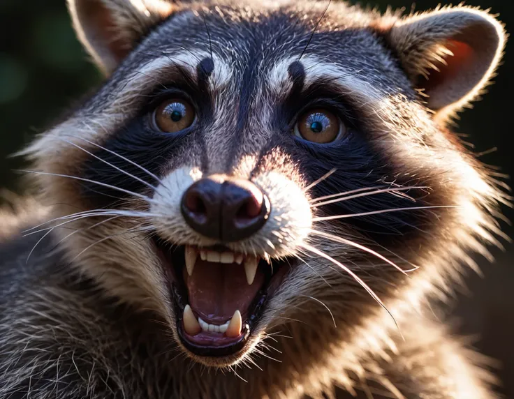 face portrait from an anthro male raccon, fangs, realistic fur,RAW candid cinema, 16mm, color graded portra 400 film, remarkable color, ultra realistic, textured skin, remarkable detailed pupil shot with cinematic camera, high quality photography, 3 point lighting, flash with softbox, 4k, Canon EOS R3, hdr, smooth, sharp focus, high resolution, award winning photo, 80mm, f2.8, bokeh