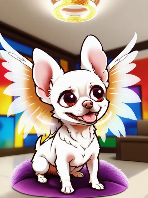 best quality, masterpiece, a white chihuahua with angel wings and a round halo on its head, fluffy fur, wings spread, indoor, house, vibrant colors, stylized, chibi <lora:komowataHaruka.hCgC:1>