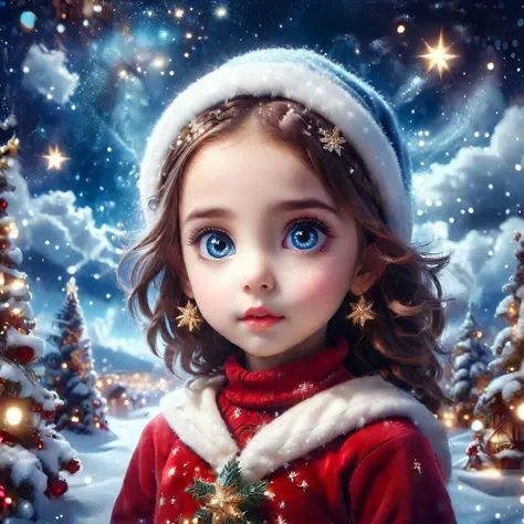 <lora:ChristmasWinteryXL:0.5>ChristmasWintery unger fantasy style, beautiful face, big eyes, gentle, surrounded by clouds and stars, Christmas winter, blue glow