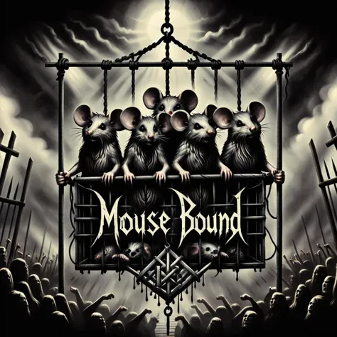 flat (logo) for a Heavy_Metal band, mouse bound in cage hanging from a (gibbet|frame), <lora:LogoRedmondV2-Logo-LogoRedmAF:1>, text logo "Mausgibbet" metal, blackmetal style, <lora:black_metal_art:1>, <lora:Harrlogos_v1.1:1>