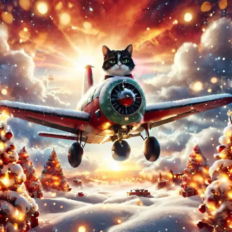 <lora:ChristmasWinteryXL:0.5>Christmas winter - a pilot cat at the helm of a propeller plane flying through the clouds towards sunset, glow