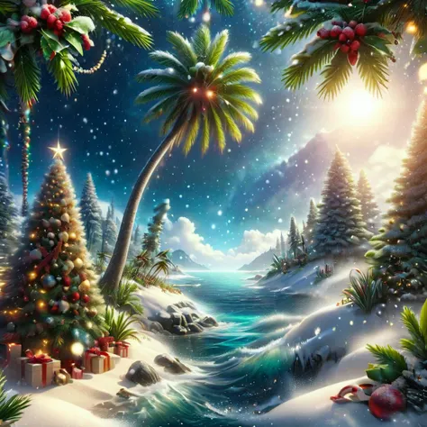 <lora:ChristmasPostcardStyleXL:1>ChristmasDecorativeStyle an isolated island with a single palm tree bending to touch the sea