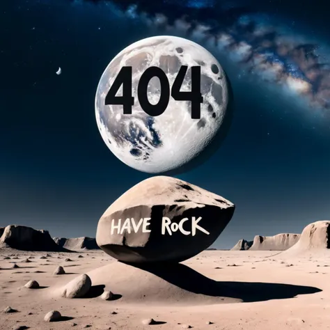 Minimalist style Lunar landscape with a big caved stone with the words "404" carved in the medium distance , in the background the earth is visible in a black sky filled with the milky way, <lora:BetterTextRedmond:1> , in the sky the words "Have a rock on the moon!" float transparently, . Simple, clean, uncluttered, modern, elegant