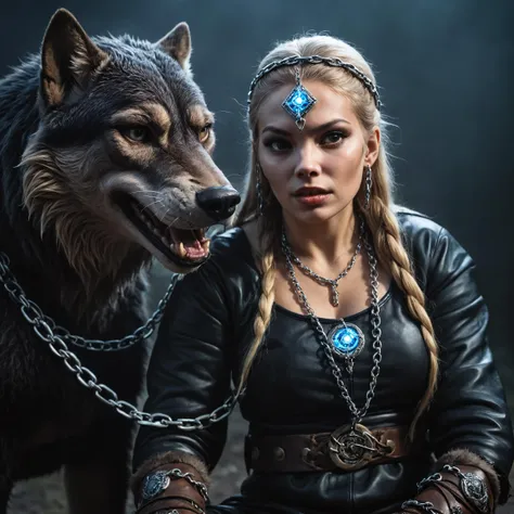 Epic closeup photo insane details of Fenrir wolf chained with a glowing chain, an 25 years old viking woman in a nordic outfit is sitting on his backFenrir
, undefined