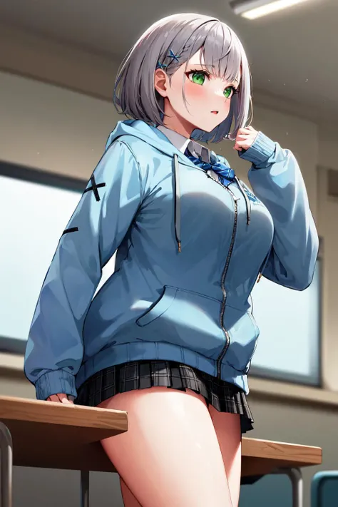 masterpiece, highest quality, 1 person,( Large Breasts,Blue jacket, Are standing, View Audience,Dolphin Shorts,),Detailed Background、A person who writes in detail、Accurate human body、Knowledgeable person、Five correct answers、Mature Woman,Thighsが太い,cruvy body,Melusine, (Brown eyes:1.5), Long Hair, ((Gray Hair)), Side Lock,Knee socks、Thighs、白いKnee socks、cameltoe ,((Pussy juice)),((Slave Collar))