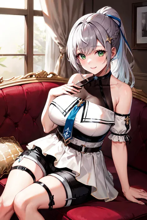 masterpiece, best quality, highres, eenoel, long hair, ponytail, hair ornament, hair ribbon, greeen eyes, halterneck, see-through, blue necktie, black shorts, bare shoulders, white dress, detached sleeves, thigh strap, <lora:shirogane_noel_v1:0.8>, sitting, sofa, indoors, smile