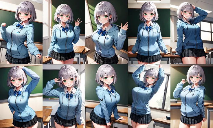 masterpiece, best quality, highres, ffnoel, short hair, x hair ornament, green eyes, blue bowtie, hoodie, blue jacket, long sleeves, sleeves past wrists, collared shirt, black skirt, plaid skirt, pleated skirt, miniskirt, <lora:shirogane_noel_v1:0.8>, classroom, standing, cowboy shot, smile, arms at sides, straight-on,