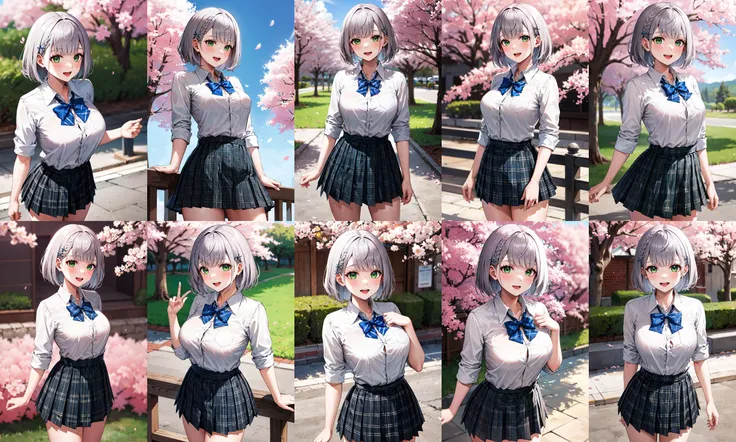 masterpiece, best quality, highres, ffnoel, short hair, x hair ornament, green eyes, blue bowtie, white shirt, collared shirt, black skirt, plaid skirt, pleated skirt, miniskirt, <lora:shirogane_noel_v1:0.8>, smile, outdoors, cherry blossoms, standing, cowboy shot, open mouth,