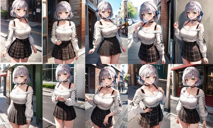 masterpiece, best quality, highres, ccnoel, short hair, french braid, hair ribbon, green eyes, black choker, collarbone, cleavage, off-shoulder sweater, white sweater, plaid skirt, <lora:shirogane_noel_v1:0.8>, street, cowboy shot, standing,