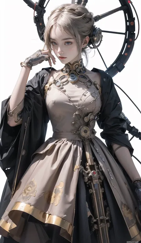 (1girl:1.3), cinematic light, ((1mechanical girl)), (nude:1.6), solo, breasts, Renaissance Lace-Up Bodice Dress, (machine made joints:1.2), (mechanical arms), (blood vessels connected to tubes), ((mechanical cervial attaching to neck)), wires and cables attaching to neck, wires and cables on head, science fiction, mechanical, Cork wedges, Fishtail braid, (Contemplative with hand on chin:1.3), (Yellow) hair, <lora:C_fashion:0.2>, <lora:cyberhanfu_v1:0.2>, <lora:GoodHands-beta2:1>, (masterpiece, top quality, best quality, official art, beautiful and aesthetic:1.3), extreme detailed,highest detailed,(ultra-detailed),((an extremely delicate and beautiful))
