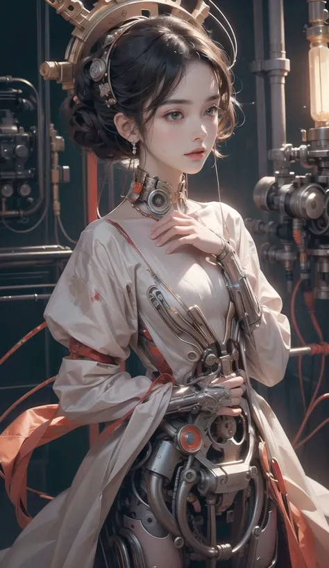 (1girl:1.3), cinematic light, ((1mechanical girl)), (nude:1.6), solo, breasts, Renaissance Bell-Sleeve Dress, (machine made joints:1.2), (mechanical arms), (blood vessels connected to tubes), ((mechanical cervial attaching to neck)), wires and cables attaching to neck, wires and cables on head, science fiction, mechanical, Ballet flats, Casual, loose waves, (Contemplative with hand on chin:1.3), (Salmon) hair, <lora:C_fashion:0.2>, <lora:cyberhanfu_v1:0.2>, <lora:GoodHands-beta2:1>, (masterpiece, top quality, best quality, official art, beautiful and aesthetic:1.3), extreme detailed,highest detailed,(ultra-detailed),((an extremely delicate and beautiful))