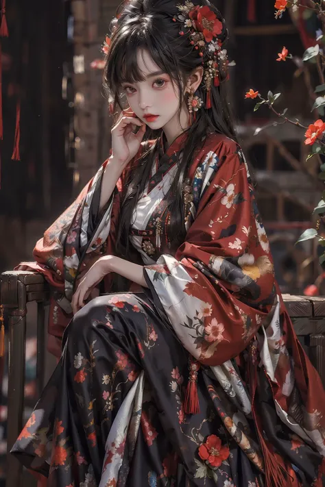 <lora:C_fashion:0.7>,1girl,solo,long_hair,looking_at_viewer,bangs,black_hair,hair_ornament,long_sleeves,dress,brown_eyes,jewelry,sitting,closed_mouth,flower,earrings,hair_flower,wide_sleeves,blurry,parted_bangs,petals,feet_out_of_frame,hair_tubes,chinese_clothes,floral_print,tassel,shawl,red_lips,hanfu,<lora:test009:0.8>,, (masterpiece, best quality, high quality, highres, ultra-detailed),