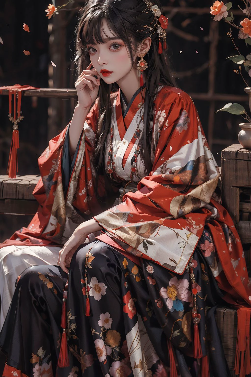 <lora:C_fashion:0.7>,1girl,solo,long_hair,looking_at_viewer,bangs,black_hair,hair_ornament,long_sleeves,dress,brown_eyes,jewelry,sitting,closed_mouth,flower,earrings,hair_flower,wide_sleeves,blurry,parted_bangs,petals,feet_out_of_frame,hair_tubes,chinese_clothes,floral_print,tassel,shawl,red_lips,hanfu,, (masterpiece, best quality, high quality, highres, ultra-detailed),