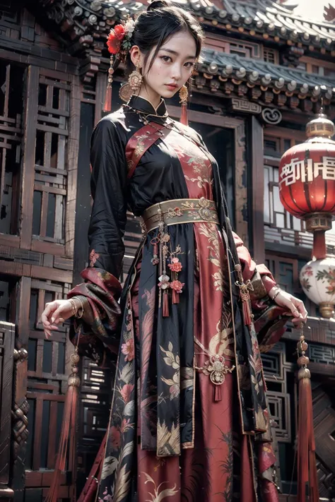 (realistic:1.3), finely detailed, quality, rembrandt lighting, (masterpiece:1.2), (photorealistic:1.2), (best quality), (detailed skin:1.3), (intricate details), dramatic, ray tracing, 1girl, chinese girl, 21 years old, detailed skin texture, (blush:0.5), (goosebumps:0.5), subsurface scattering, smiling, parted lips, very long hair, parted bangs, chinese dress, long dress, hanfu, earrings, necklace, hair ornaments,hair flowers, tassels, full body, (outdoors, bright sunny day, classical chinese architecture, chinese temple), <lora:C_fashion:0.8>