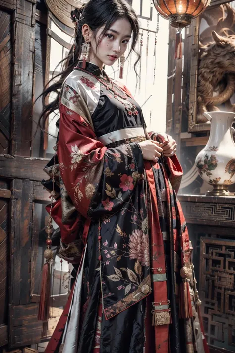 (realistic:1.3), finely detailed, quality, rembrandt lighting, (masterpiece:1.2), (photorealistic:1.2), (best quality), (detailed skin:1.3), (intricate details), dramatic, ray tracing, 1girl, chinese girl, 21 years old, detailed skin texture, (blush:0.5), (goosebumps:0.5), subsurface scattering, smiling, very long hair, parted bangs, chinese dress, long dress, hanfu, earrings, necklace, hair ornaments, tassels, full body, (bright sunny day), <lora:C_fashion:0.8>