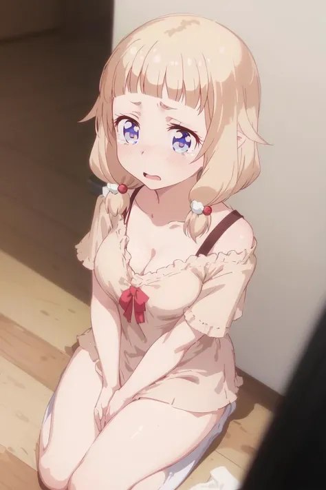 (masterpiece, best quality), <lora:nene:0.7>, sakura nene, from above, medium breasts, cleavage, oversized shirt, short sleeves, off shoulder, scared, blush, tears, looking at viewer, on the flor, bottomless