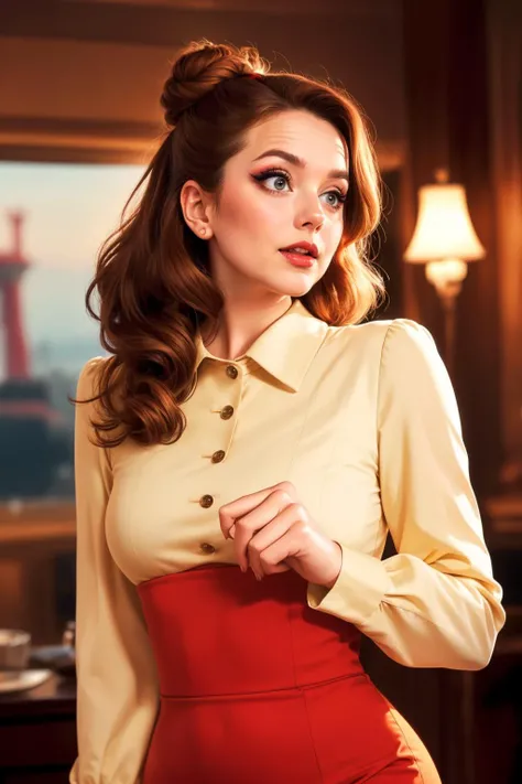 cinematic film still (Roaring Scarlet Flame Tulle theme), Person_GeriHalliwell, photogenic beautiful adult woman,flirting with viewer, <lora:Outfit_v-YellowRetroSuitDress:0.75> y3ll0wr3tr0, collared shirt, yellow shirtdress, pencil skirt, long sleeves, eyeliner, eyeshadow, makeup, (rouge), twin bun chopstick hair ginger hair, best quality, high quality, shadows, high detail, 4k, 8k resolution, rim lighting,from below , Santorini, Greece, Blue Domes, Sunrise photo by Annie Leibovitz, art by Eugeen Van Mieghem, <lora:Tweak_EpiNoiseoffset-v2:0.6> . shallow depth of field, vignette, highly detailed, high budget, bokeh, cinemascope, moody, epic, gorgeous, film grain, grainy