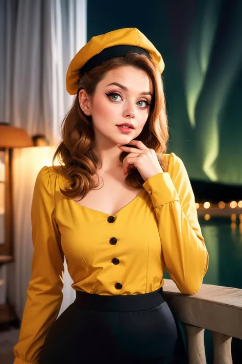 cinematic film still (Luminous Amber Glow Cashmere theme), Person_GeriHalliwell, photogenic beautiful adult woman,(bashful shy), <lora:Outfit_v-YellowRetroSuitDress:0.75> y3ll0wr3tr0,black skirt,yellow shirt, long sleeves,hat eyeliner, eyeshadow, makeup, purple lips, messy hair, beret , best quality, high quality, shadows, high detail, 4k, 8k resolution, shadows above,wide angle shot , Aurora Village, Finnish Lapland, Northern Lights photo by Inez and Vinoodh, art by Raffaello Sanizo, <lora:Tweak_EpiNoiseoffset-v2:0.6> . shallow depth of field, vignette, highly detailed, high budget, bokeh, cinemascope, moody, epic, gorgeous, film grain, grainy