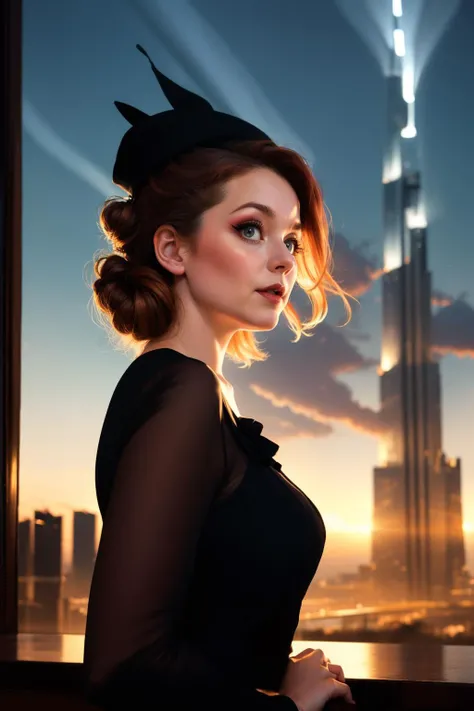 cinematic film still (Formidable Granite Boulder Damask theme), Person_GeriHalliwell, photogenic beautiful adult woman,(bashful shy), <lora:Outfit_v-YellowRetroSuitDress:0.75> y3ll0wr3tr0, shirtdress, long sleeves,hat eyeliner, eyeshadow, makeup, black lips, twin bun chopstick hair , best quality, high quality, shadows, high detail, 4k, 8k resolution, bokeh,god rays , Dubai, Burj Khalifa, Twilight City Lights photo by Inez and Vinoodh, art by Dan Hillier, <lora:Tweak_EpiNoiseoffset-v2:0.6> . shallow depth of field, vignette, highly detailed, high budget, bokeh, cinemascope, moody, epic, gorgeous, film grain, grainy