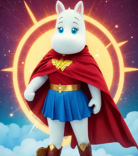A Wonderwoman Moomin is standing in an heroic pose and her cape is flapping <lora:SD15-Moomin-LoRA:0.8>, Very detailed, clean, high quality, sharp image
