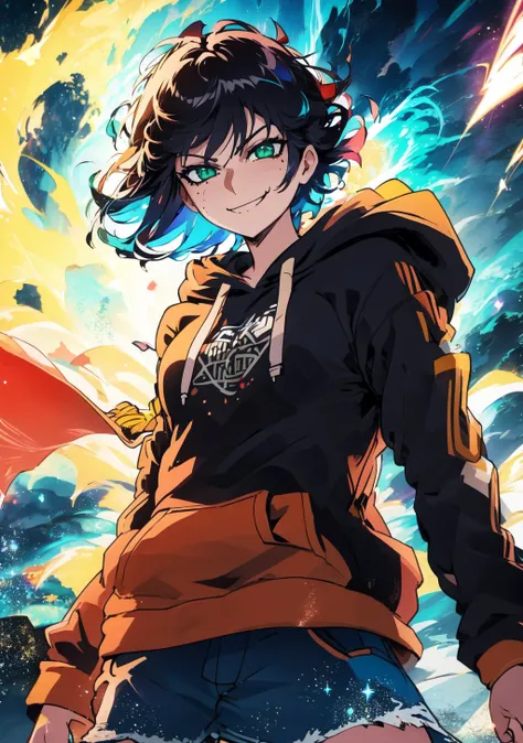 <lora:cheddarcheems-000002:1>, cheddarcheems, short hair, black hair, green eyes, sparkling eyes, looking at viewer, cowboy shot, from below, smirk, smug, hoodie, volumetric lighting, light particles, wind particles, wind, bright, colorful, storm background
