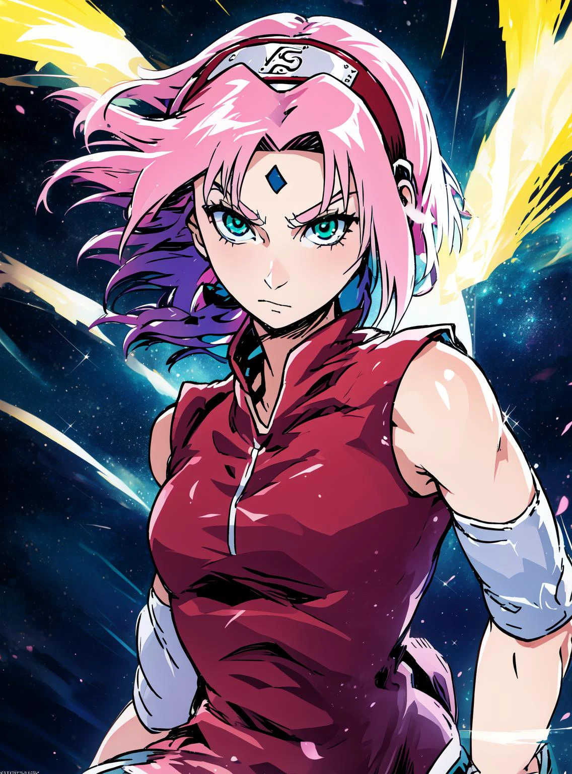 <lora:cheddarcheems-000002:0.9>, cheddarcheems, <lora:Sakura:0.7>, haruno sakura, forehead mark, naruto \(series\), naruto shippuuden, 1girl, konohagakure symbol, bangs, breasts, closed mouth, elbow sleeve, eyes visible through hair, forehead protector, foreshortening, green eyes, hair intakes, hairband, looking at viewer, parted bangs, pink hair, red shirt, shirt, short hair, sleeveless, sleeveless shirt, small breasts, solo, upper body, v-shaped eyebrows, cowboy shot, volumetric lighting, light particles, sparkling eyes